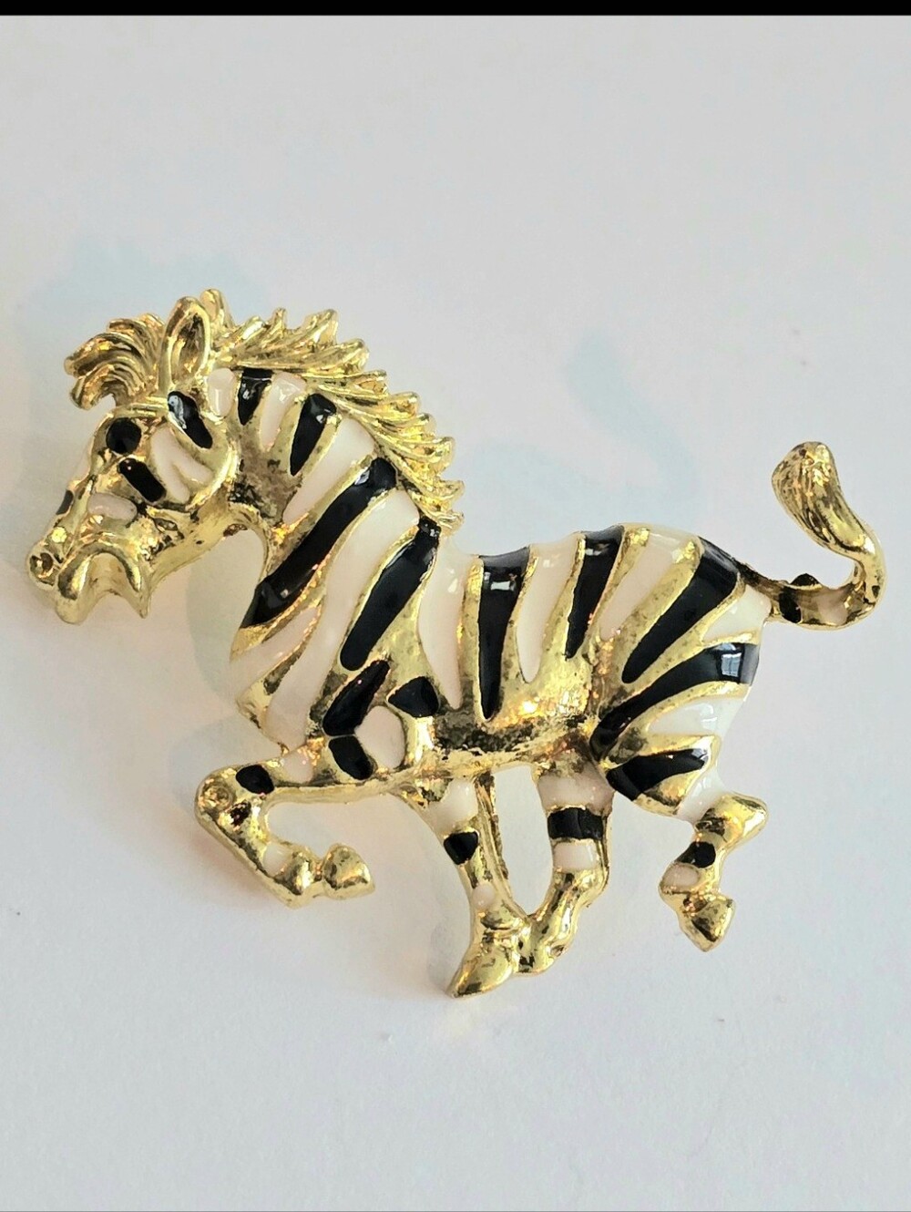 Zebra brooch enamel gold tone pin stripe black white animal safari figural